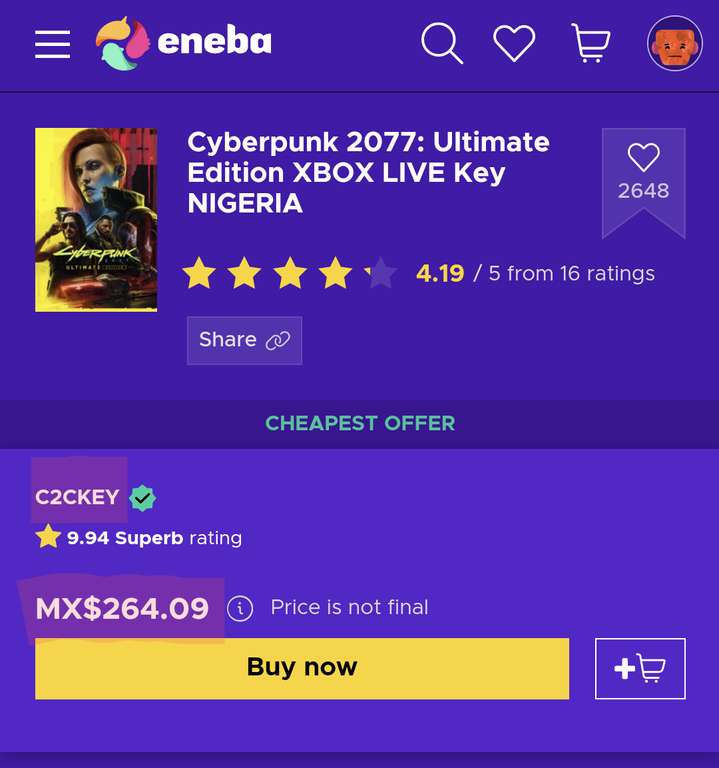Eneba: Cyberpunk 2077 Ultimate Edition Xbox Series X|S NIGERIA ($315.56 con impuestos)