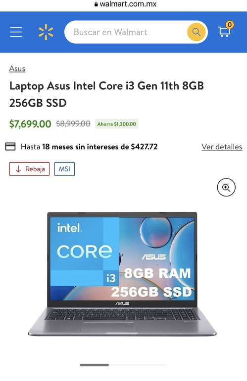 Walmart, Laptop Asus Core i3 8GB 256GB SSD