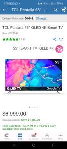 Costco: TCL Pantalla 55" QLED 4K Smart TV
