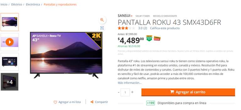 Home Depot PANTALLA ROKU 43 $4,489 SMX43D6FR