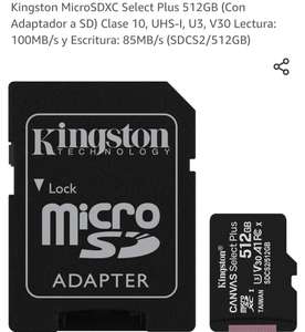 Amazon Kingston MicroSDXC Select Plus 512GB (Con Adaptador a SD) Clase 10, UHS-I, U3, V30 Lectura: 100MB/s y Escritura: 85MB/s (SDCS2/512GB)