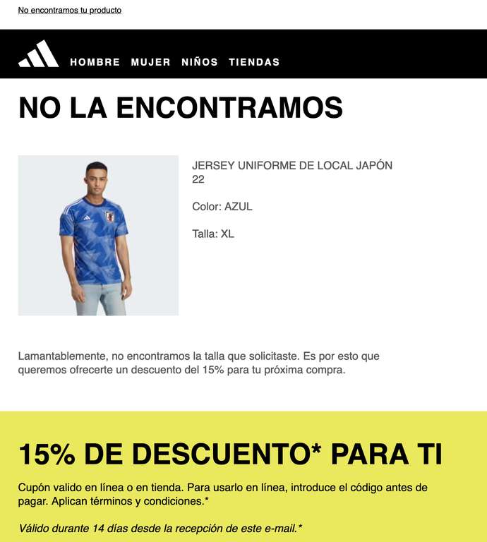 Adidas: Cupón de 15% OFF si no hay disponibilidad en algún artículo que solicites notificación de re-stock