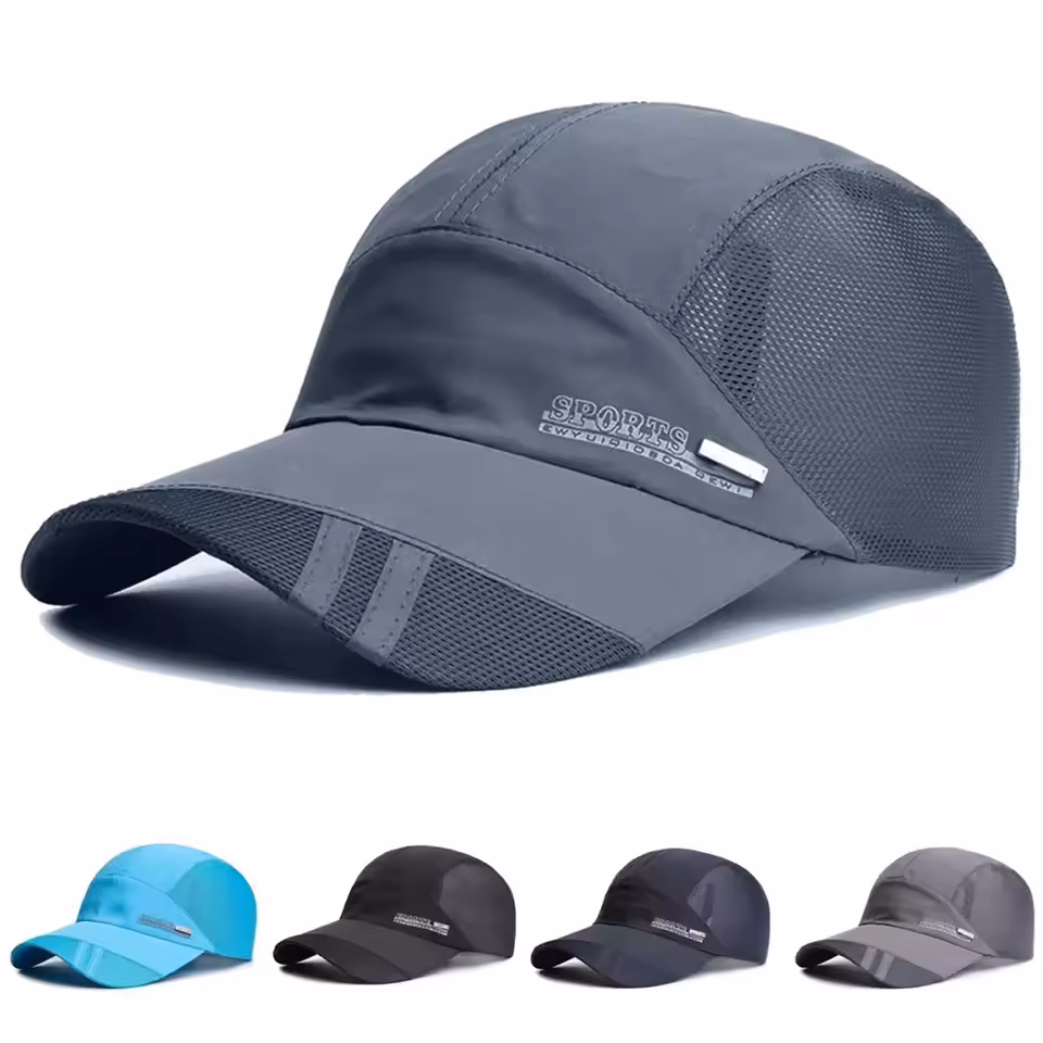 AliExpress: 2x Gorra deportiva genérica, pedí azul, con monedas y cupón de vendedor.