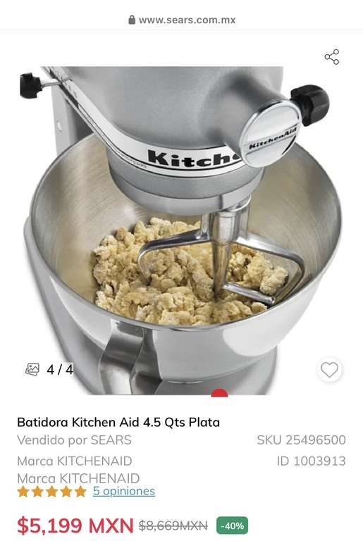 Sears: Batidora Kitchen Aid 4.5Qts Plata