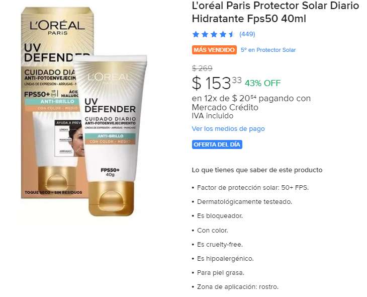 Mercado Libre: Crema Facial Loreal Protectora Fps50+ Sin Color Anti Brillo L'Oréal Paris