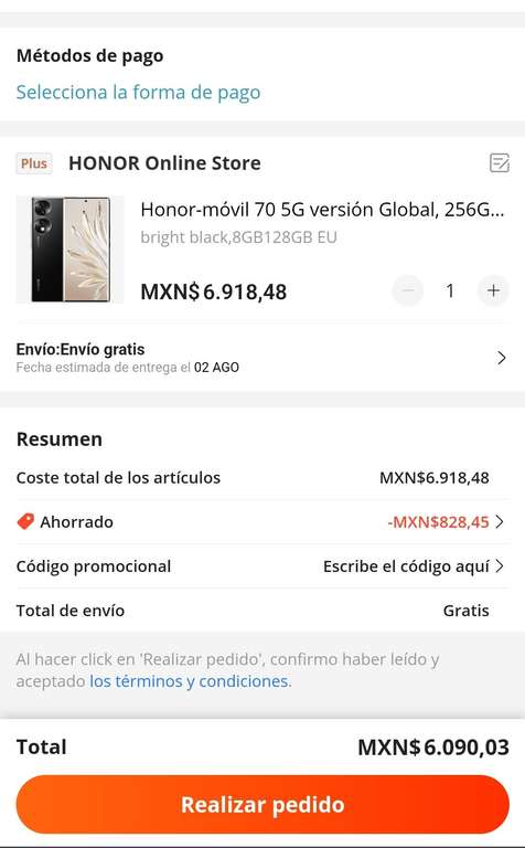 AliExpress: Teléfono Honor 70 8gb, 128gb versión global