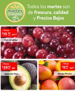Walmart: Martes de Frescura 5 Septiembre: Mango Paraíso $9.90 kg • Uva Red Globo $19.90 kg • Aguacate Hass $39.90 kg