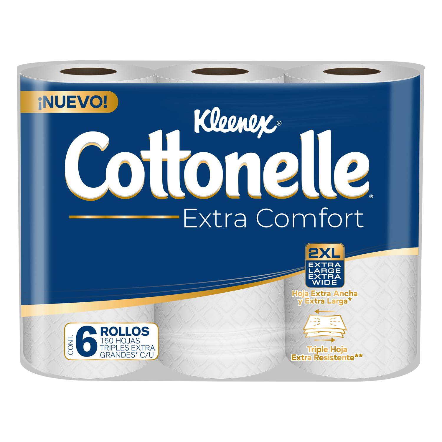 Amazon: Kleenex Cottonelle, Extra Comfort, Papel Higiénico, Paquete de 6 rollos con 150 hojas triples 2XL, hoja extra larga y ancha
