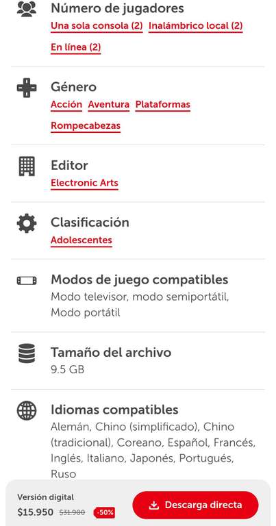 It takes two eShop Chile a 269.61 pesos MX o 15,950 pesos chilenos
