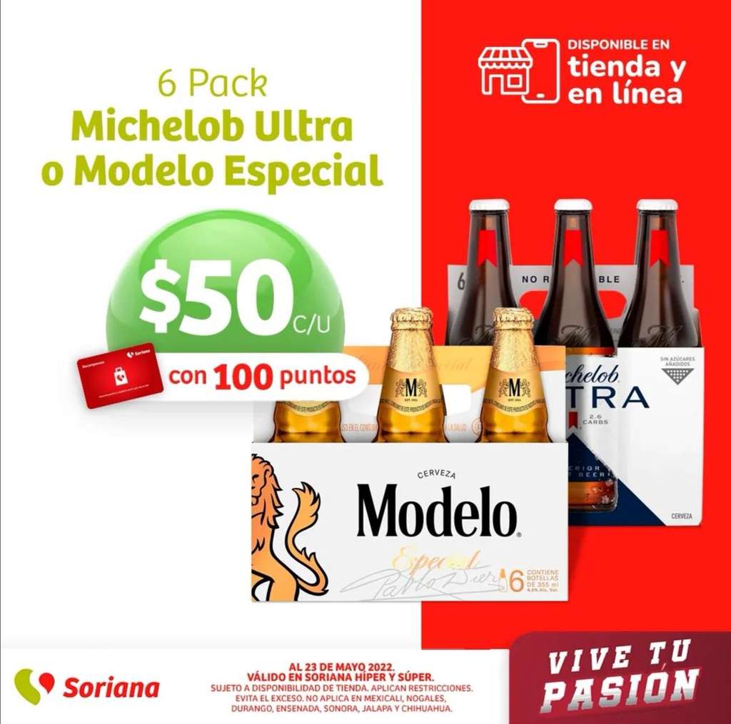 Soriana Híper y Súper: Six de cervezas Michelob Ultra ó Modelo Especial $50  con 100 puntos 