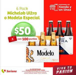 Soriana Híper y Súper: Six de cervezas Michelob Ultra ó Modelo Especial $50 con 100 puntos