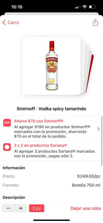 Cornershop: Soriana, Smirnoff Tamarindo 3x428 Soriana Vodka
