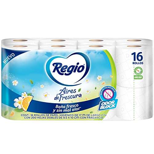 Amazon: Oferton Papel higiénico Regio Aires de Frescura 16 rollos, 200 hojas dobles ($45 comprando 10 artículos súper y ahorra)