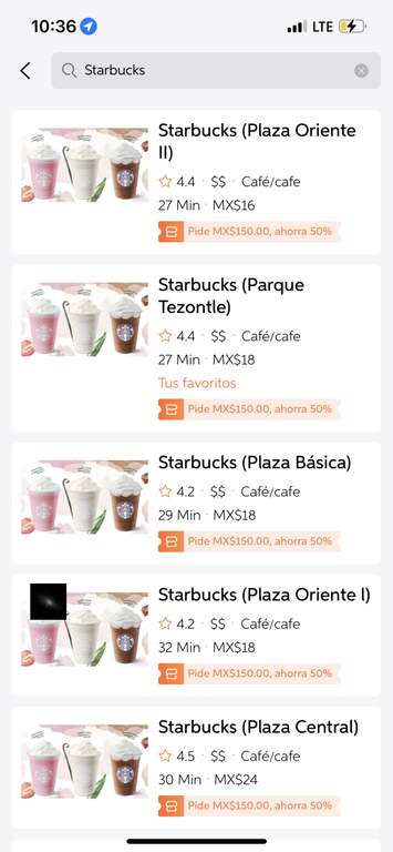 DiDi Food: Starbucks con 50% OFF + cupón (ciudades seleccionadas) para envío gratis