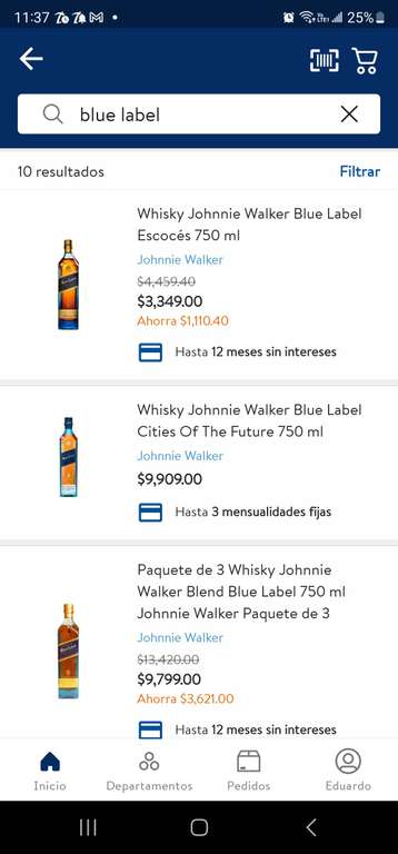 Walmart: Whisky Johnnie Walker Blue Label 750 ml $3,349.0