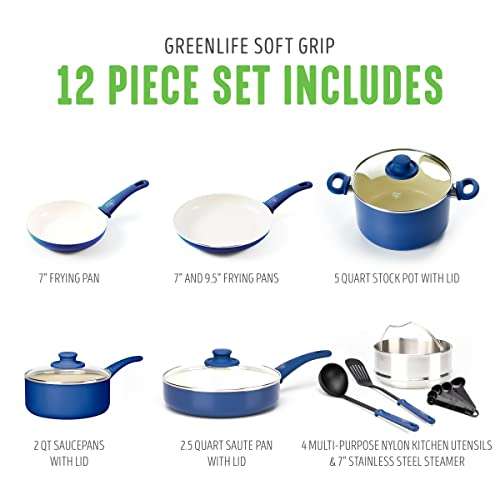 Amazon: GreenLife Soft Grip - Juego de ollas y sartenes - Antiadherente de Cerámica - Libres de PFAS, PFOA & Plomo - 12 Piezas