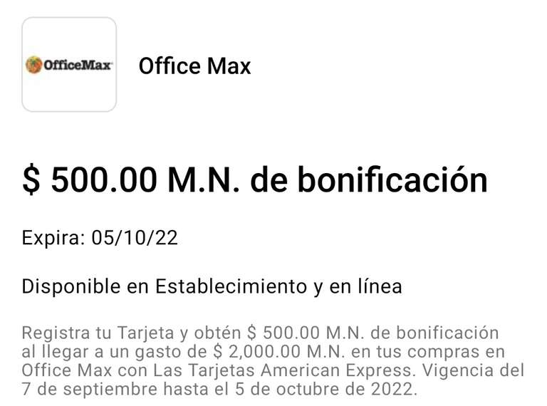 American Express: Bonificación de $500 al acumular $2,000 en compras en Office Max