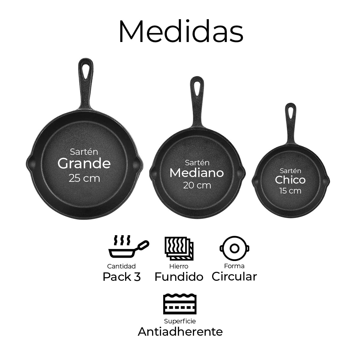 AMAZON: Raganet, Juego de 3 Sartenes de Hierro Fundido con Mangas Largas, Antiadherentes, 3 Tamaños Perfectos de Sarten 15cm, 20cm y 25cm