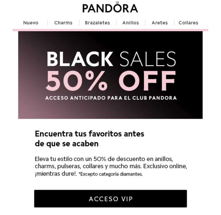 PANDORA: Black sale 50% off en toda la tienda (y regalo con compra mínima)