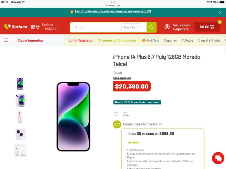 iPhone 14 plus en $16,312 con Santander en Soriana online