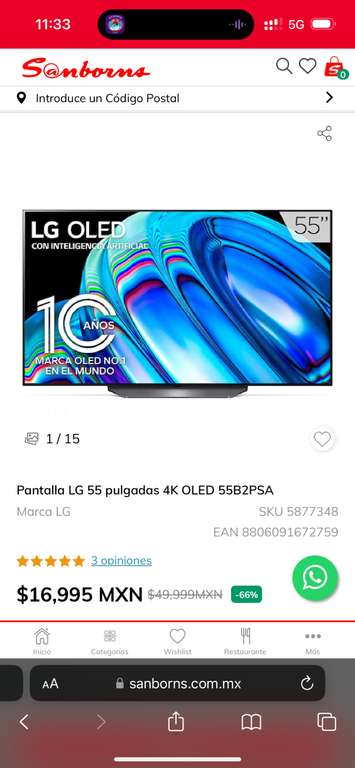 Amazon/Sanborns/Claro Shop Pantalla LG 55 pulgadas 4K OLED 55B2PSA