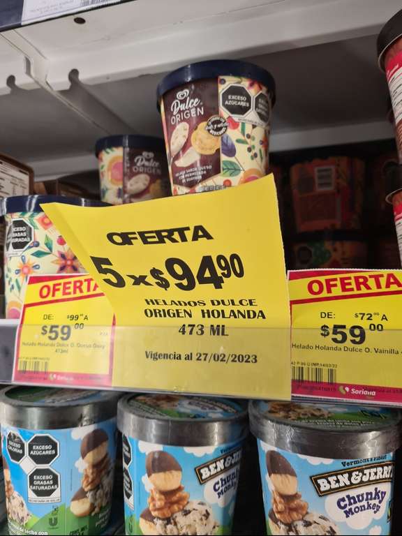 Soriana: Helados Holanda dulce origen 473 ml en 5 x $94.90
