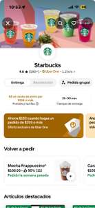 Uber Eats: 150 pesos de descuento al gastar 300 en Starbucks. UBER ONE
