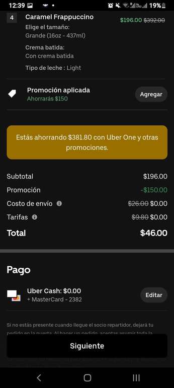 Uber Eats: Starbucks 4 frapuccinos grandes por $46 (Aplicando 2x1 y descuento de $150 con Uber One)
