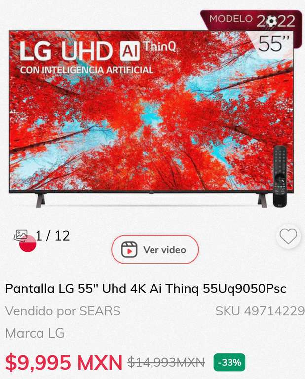 Sears: Pantalla LG 55" Uhd 4K Ai Thinq 55Uq9050Psc Modelo 2022