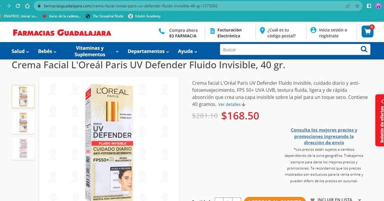 Farmacias Guadalajara: Crema Facial Loreal Paris UV Defender Fluido Invisible, 40 gr
