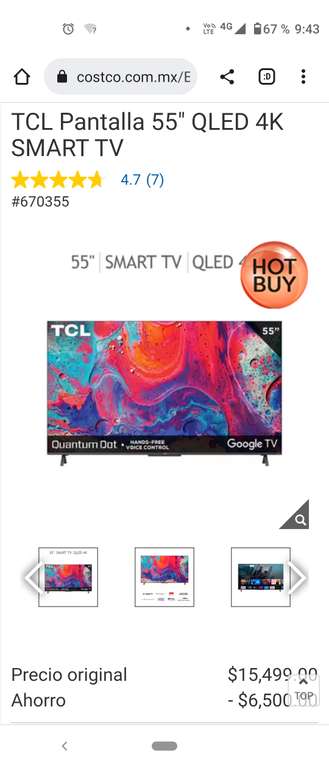 Costco TCL Pantalla 55" QLED 4K SMART TV Quantum con paypal