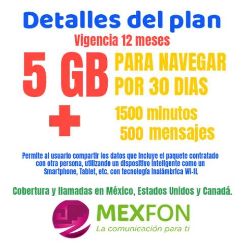 MEXFON TELEFONÍA CELULAR, Paquete anual - 5GB + 1500 minutos + 500 mensajes