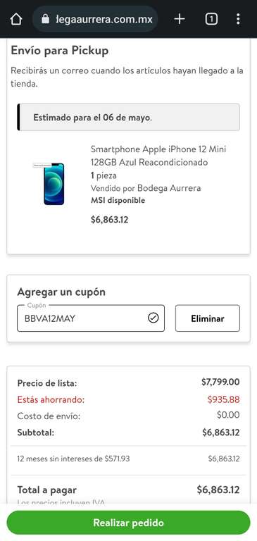 Bodega Aurrera: iPhone 12 Mini 128GB Reacondicionado | Pagando con TDC BBVA a 12 MSI