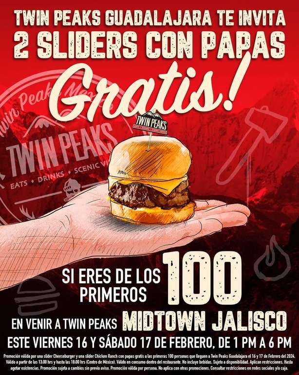 Twin Peaks Guadalajara - 2 Sliders con papas GRATIS
