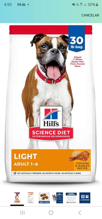 Amazon: Hill's Science Diet light, para perro 13.6kg