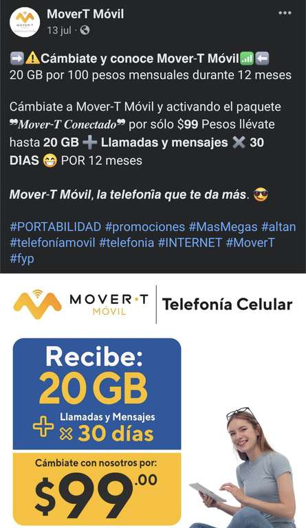MoverT Movil: 20 GB por 100 pesos mensuales durante 12 meses