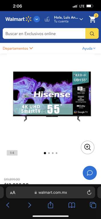 Walmart: TV Hisense 120hz 55 Pulgadas 4K Ultra HD Smart TV ULED 55U8H con Citibanamex