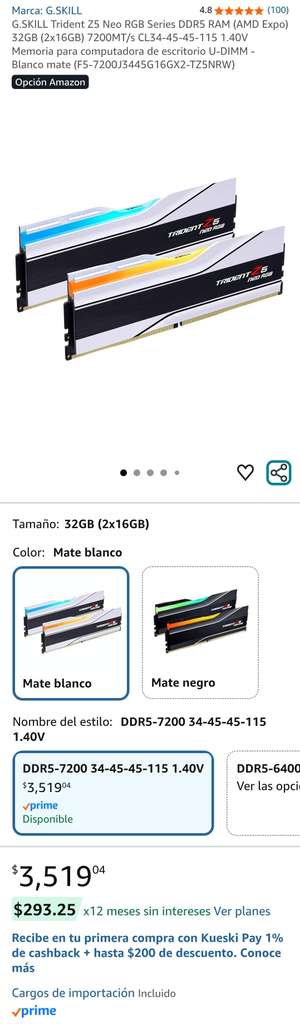 G.SKILL Trident Z5 Neo RGB DDR5 32GB 7200MT/s a $3519.04 en Amazon