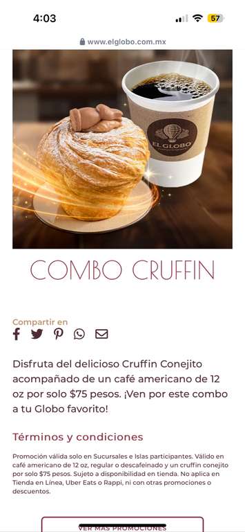 El Globo: Cruffin de Conejito y Café 12 OZ por $75