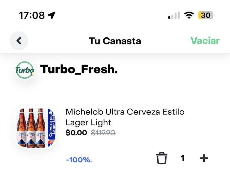 Rappi Turbo: 6 cervezas Michelob ultra al 100% OFF