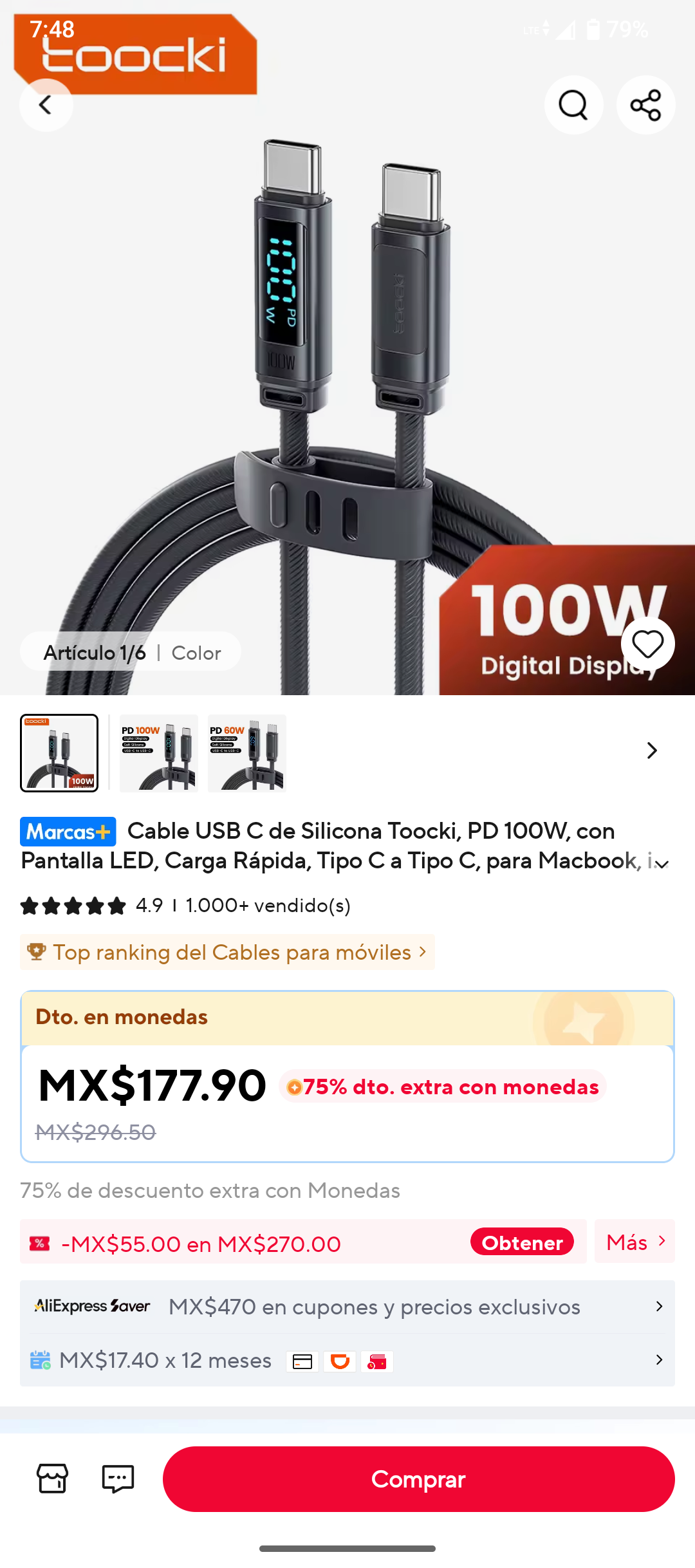 AliExpress: Cable usb C Toockie con pantalla led 100w (con monedas)