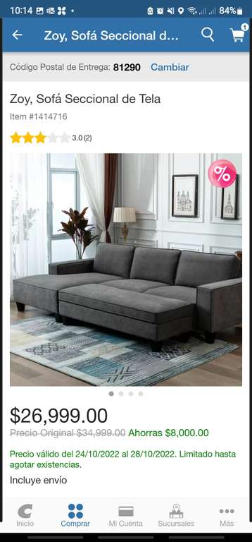 Costco: Sofá seccional de tela Zoy, color gris