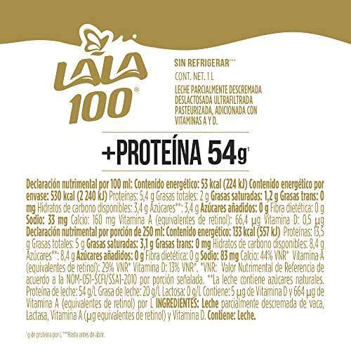 Amazon: Lala 100 Leche más Proteína Sin Lactosa Parcialmente Descremada Ultrapasteurizada Reducida en Grasa con Proteína sin Refrigerar