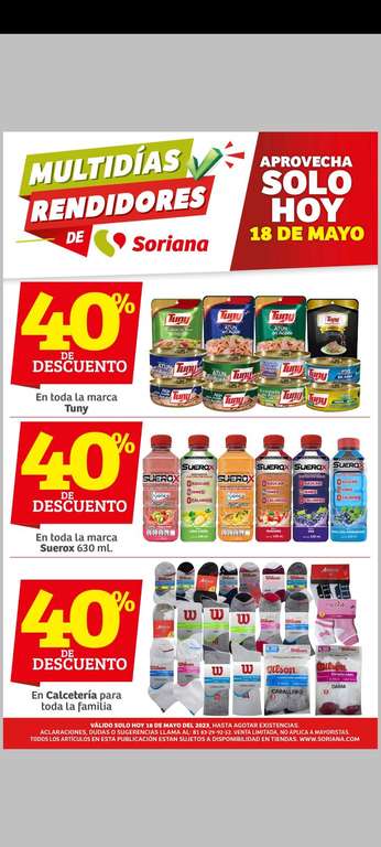 Soriana: Multidías Rendidores, 40% OFF en la marca Tuny, Suerox, calcetería y más