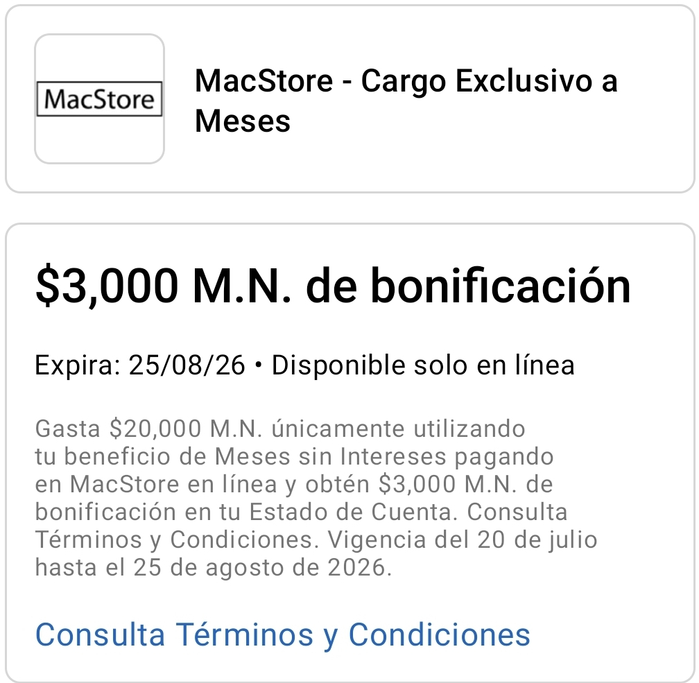 American Express: Bonificación de $3,000 al acumular $20,000 a MSI en MacStore en Línea