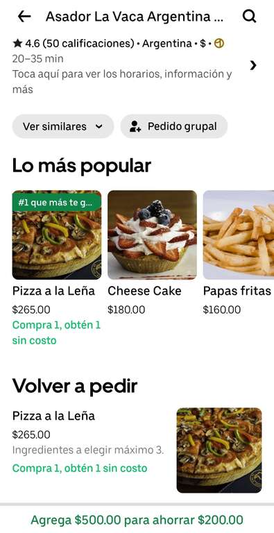 Uber Eats: Asador La Vaca Argentina - Dos pizzas por 65 Uber eats