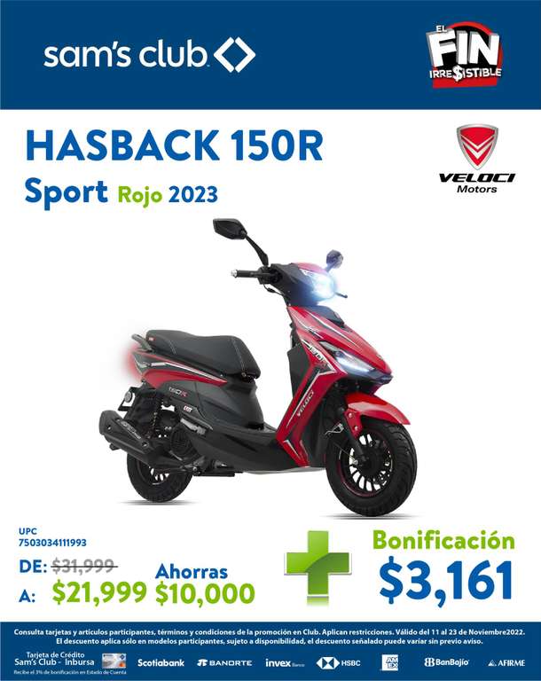 Sam's Club: Motoneta Veloci Hasback 150R Sport 2023 (pagando con BBVA)