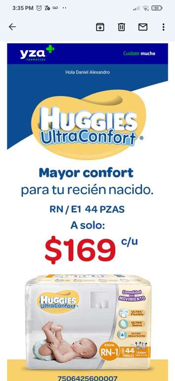 Huggies Ultraconfort RN E1 $169.00 - Farmacias YZA