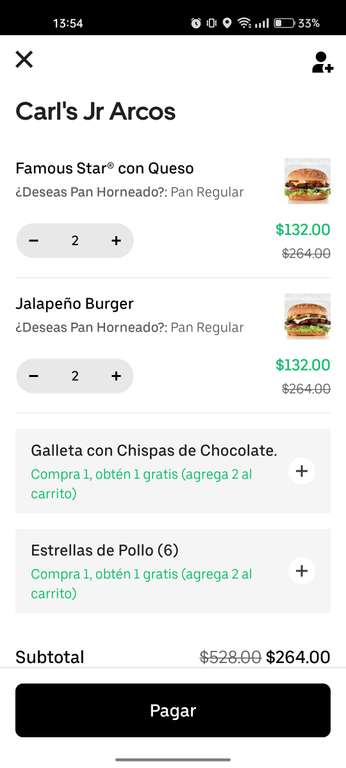 Uber eats: 4 hamburguesas Carl's Jr - Arcos