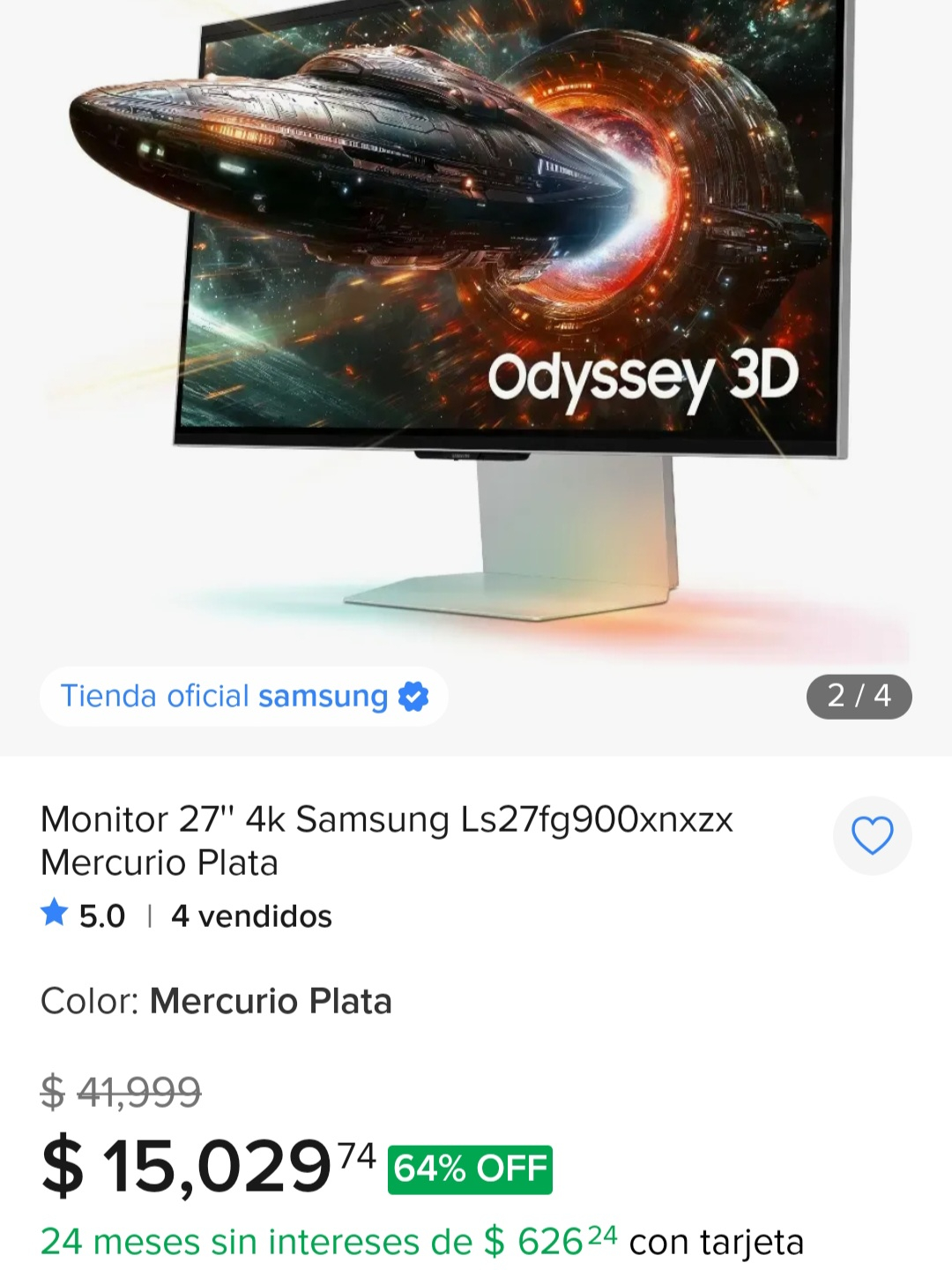 Mercado Libre: Monitor Gamer 27 pulgadas Odyssey 3D, G90XF, 4K, 165Hz | con Santander y Amex